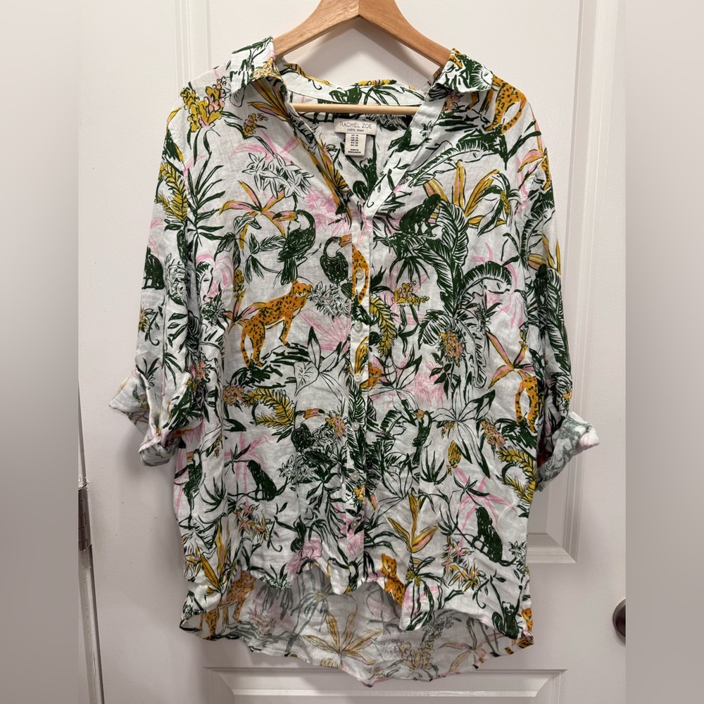 Rachel Zoe Jungle / Tropical Print Button-Down Linen Shirt
